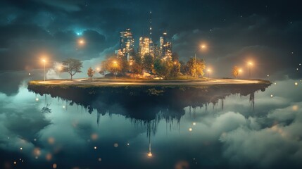 Floating Cityscape with Illuminated Road and Trees in a Starry Night