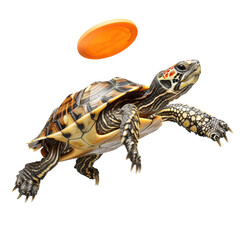Turtle Jumps and Catches the Frisbee Isolated on Transparent or White Background, PNG
