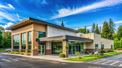 Modern veterinary building with a large entrance, clean lines, and a prominent sign, surrounded by lush greenery and a spacious parking lot.
