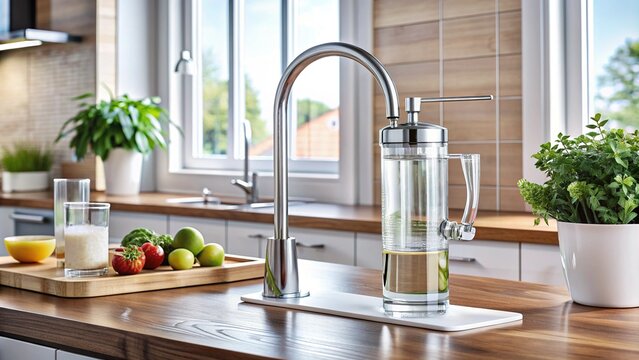 Modern water filtration system installed under kitchen sink, with sleek faucet and transparent pitcher, emphasizing clean drinking water and eco-friendly living.