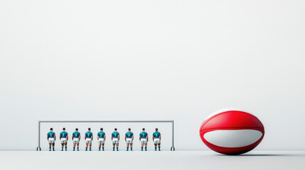 A vibrant red rugby ball beside a team of miniature players, symbolizing teamwork and strategy in the game of rugby.