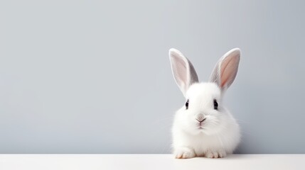 Obraz premium cute animal pet rabbit or bunny white color smiling and laughing isolated with copy space for easter background, rabbit, animal, pet, cute, fur, ear, mammal, background, celebration, generate by AI