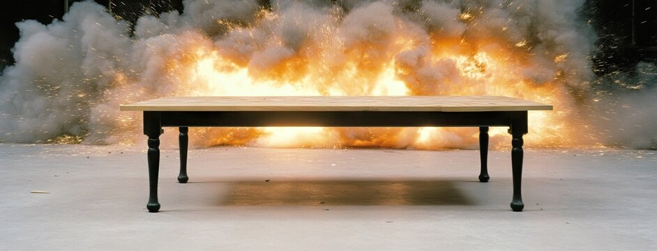 Television bursts into flames, filling the room with sparks against a gradient backdrop at an unknown hour
