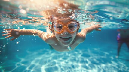 Naklejka premium Cute smiling child having fun swimming and diving in the pool at the resort on summer vacation. Sun shines under water and sparkling water reflection. Activities and sports to happy kid
