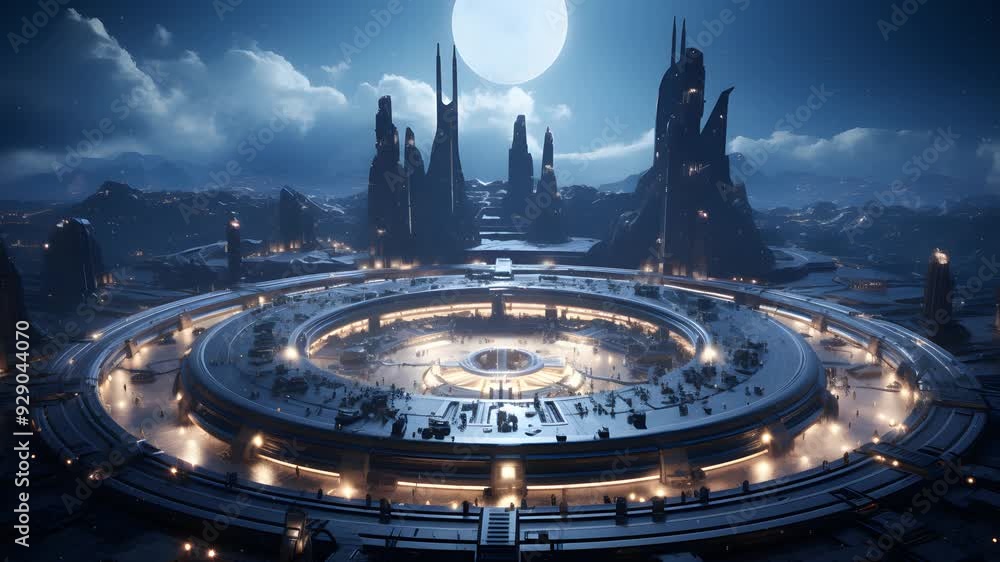Poster a futuristic city with towering structures and a large circular plaza is illuminated by the glow of 