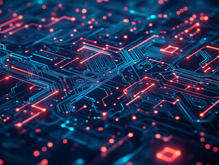 Obraz premium A blue and black image of a circuit board with many small squares and dots