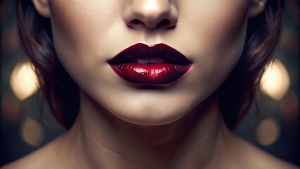 Moody, dramatic close-up of bold, dark lips with rich, berry-stained lipstick, adorned with subtle shine, evoking mystery and sophistication against a soft, blurred background.
