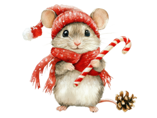 Adorable winter mouse wearing a red hat and scarf, holding a candy cane, perfect for holiday themes and festive illustrations.