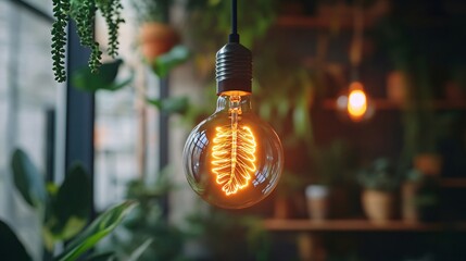 A close up of a light bulb with a filament shaped like a leaf, glowing warmly in a nature-themed room filled with plants and wooden decor