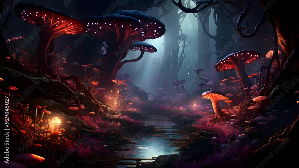 Poster a magical forest with glowing mushrooms and a stream flowing through it. the atmosphere is serene an