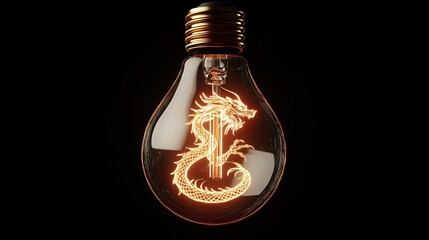 A closeup of a light bulb with a glowing filament shaped like a dragon, set against a dark background with the light softly illuminating the glass
