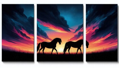 HD triptych art of black horse silhouetted against a twilight sky, vibrant sunset colors, detailed silhouettes, digital painting
