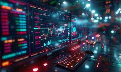 computer screen displaying stock market charts and graphs, with multiple monitors showing financial data and graphics, symbolizing the concept of trading in cryptocurrency or traditional stocks.