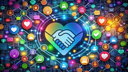 Obraz premium Multiple colorful icons, including wifi signals, hearts, and handshake symbols, overlap and intertwine, forming a vibrant and dynamic representation of modern digital connections.