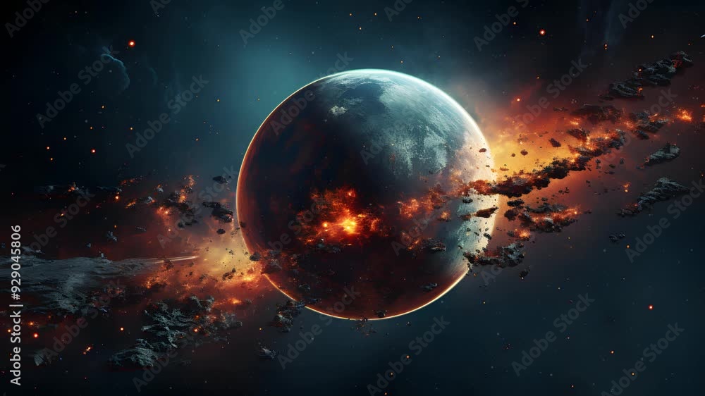 Poster a mesmerizing view of a fiery planet with flaming debris circling it, set against the backdrop of a 