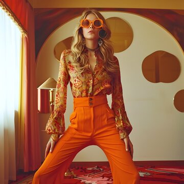 Retro Inspired Fashion with Flared Pants and Oversized Sunglasses in a 70s Themed Setting