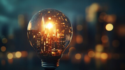 A creative shot of a light bulb with a miniature cityscape inside, glowing brightly and illuminating the tiny buildings within