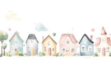 Cute adorable tiny houses watercolor collection  in pink pastel colors, isolated on a white background