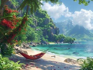 a hammock on a beach. 
