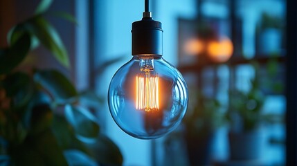 A futuristic light bulb design with a holographic filament, suspended in a sleek, transparent casing, emitting a cool blue light