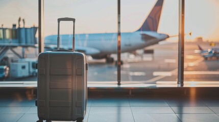 Suitcase, travel bag in airport. Airplane outside window. Travel background illustration generated by ai