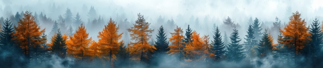 Fototapeta premium A dense pine forest with mist rising from the trees, creating an ethereal and mysterious atmosphere. 