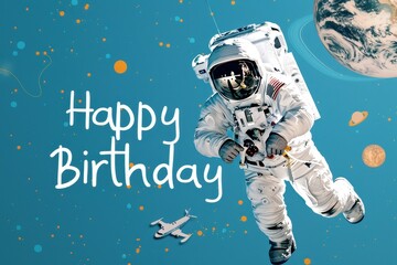 Space-Themed Collage: An out-of-this-world collage with photos of space-themed birthday parties, astronauts, and planets. "Happy Birthday" is written in a futuristic, space-themed font