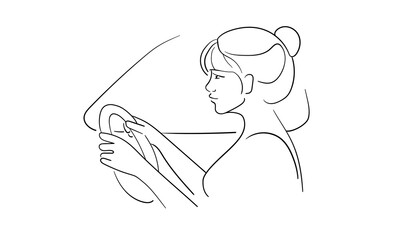 Woman driving continuous line art drawing isolated on white background. Vector illustration
