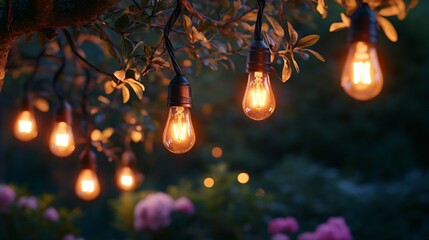 A row of light bulbs hanging from tree branches in a nighttime garden setting, each bulb emitting a soft, warm light that illuminates the leaves and flowers