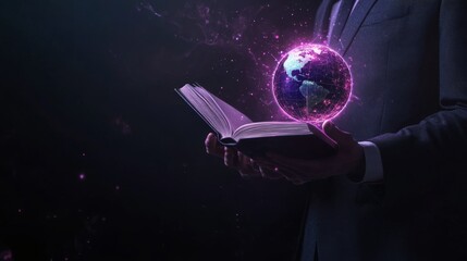 A Hand Holding an Open Book with a Glowing Globe, Representing Knowledge and the Future