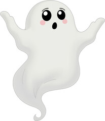 A friendly, wide-eyed cartoon ghost with a surprised expression floats on a white background, perfect for Halloween themes.