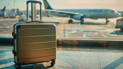 Suitcase, travel bag in airport. Airplane outside window. Travel background illustration generated by ai