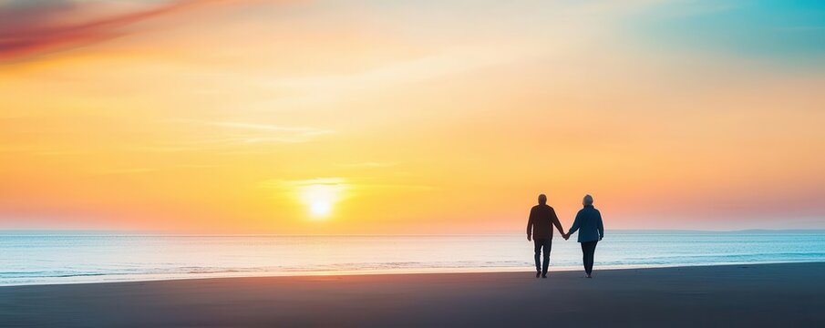 Elderly couple holding hands during a sunset walk on the beach, tranquility and companionship