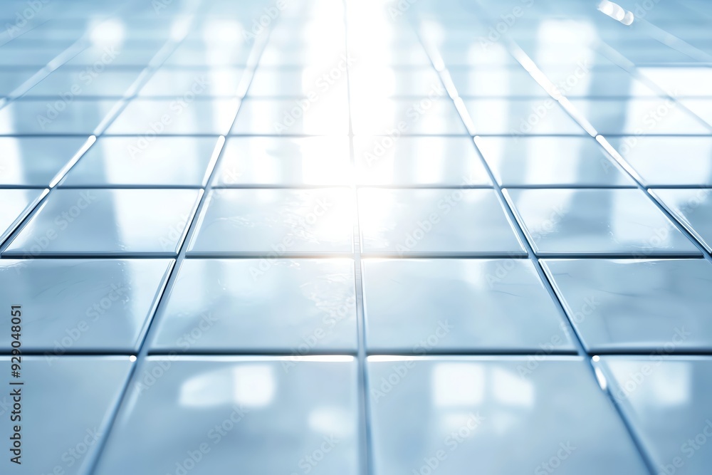 Poster a close-up view of glossy tiles reflecting light, creating a clean and modern aesthetic suitable for