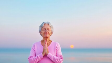 Elderly woman practicing yoga at sunrise on a serene beach, health and wellness, peaceful aging concept