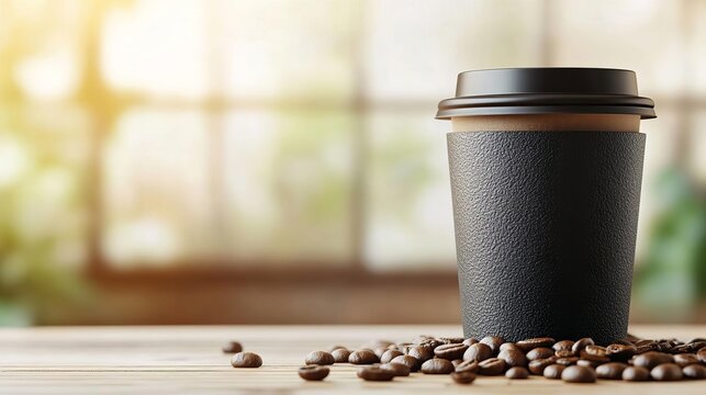 Black matte coffee pack with a textured finish, placed on a wooden table with a soft spotlight, ideal for a premium and artisanal coffee brand