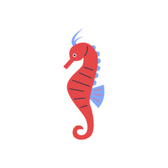 Fototapeta premium Seahorse fish vector icon, cartoon aquatic seahorse pink creature with curve tail, tropical ocean fauna, marine wildlife