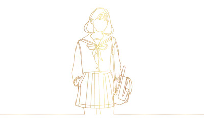 Single line drawing of asian women in school uniform. Gold. eps 10