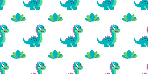 A pattern of blue and green dinosaurs on a white background. The dinosaurs are smiling and appear to be happy