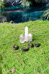 Gemstones minerals stones in the shape of obelisks with Reiki rune stones. Witchcraft, herbal...