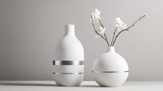 Elegant white vases with floral arrangements, perfect for modern decor and minimalistic interiors.