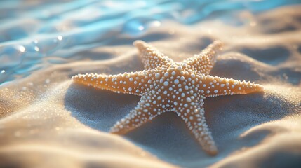 A close-up of a starfish on a sandy beach with clear blue water in the background.