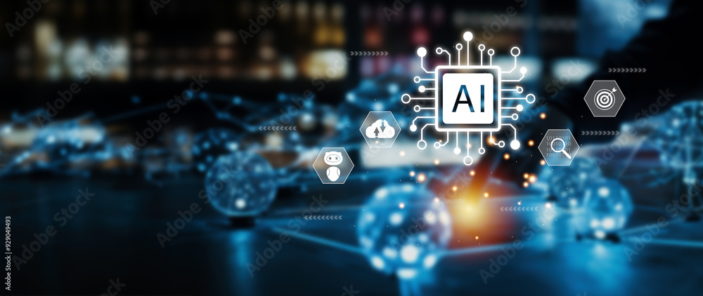 Poster artificial intelligence (ai) and customer relationship management (crm) software automation concept,