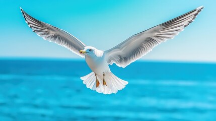 Fototapeta premium seagull soaring gracefully against a clear blue sky, wings fully extended and catching the light as it glides above the ocean