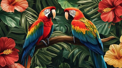 Obraz premium Two Macaws Perched on a Branch Amongst Lush Tropical Foliage