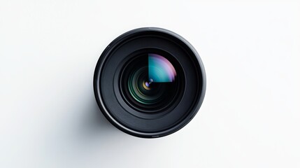 A camera lens set against a white background, representing photographer's equipment. 