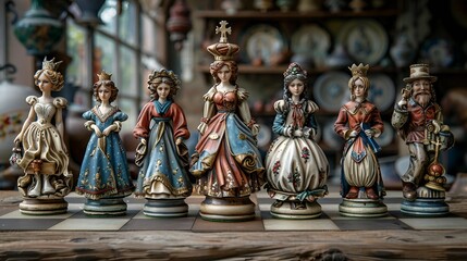 A chessboard featuring a collection of intricately designed figurines.