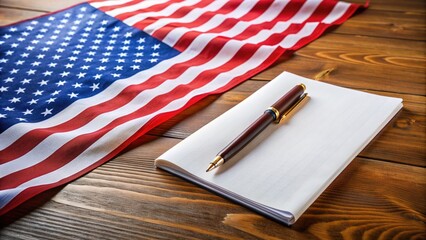 Official legislative document with US flag and pen on wooden desk, symbolizing proposed law or policy awaiting approval from lawmakers in Congress or Senate.
