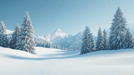A snowy landscape with pine trees and a soft blanket of snow, under a clear winter sky