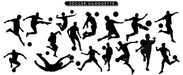 collection of soccer player man silhouettes in different posses clipart vector illustrator